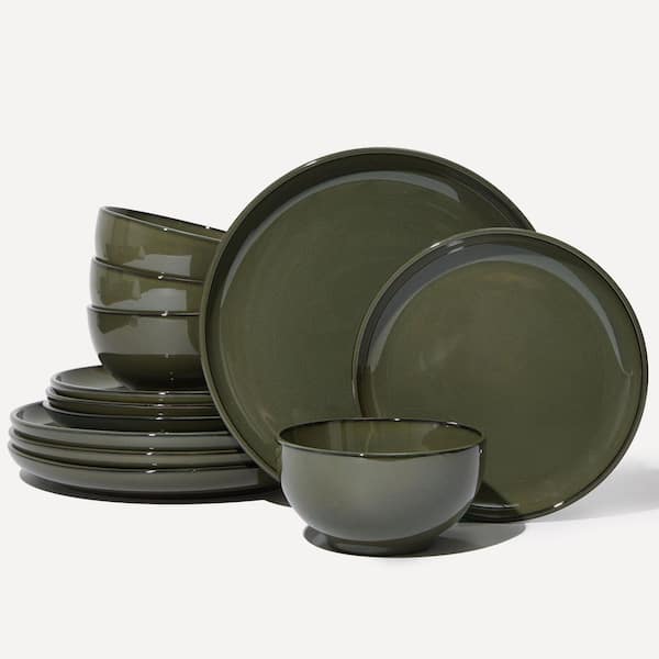 Wudkey 12-Piece Modern Blackish Green Stoneware Dinnerware Set (Service for  4), Reactive Glaze Plates and Bowls Sets SW7R17_7 - Main Image