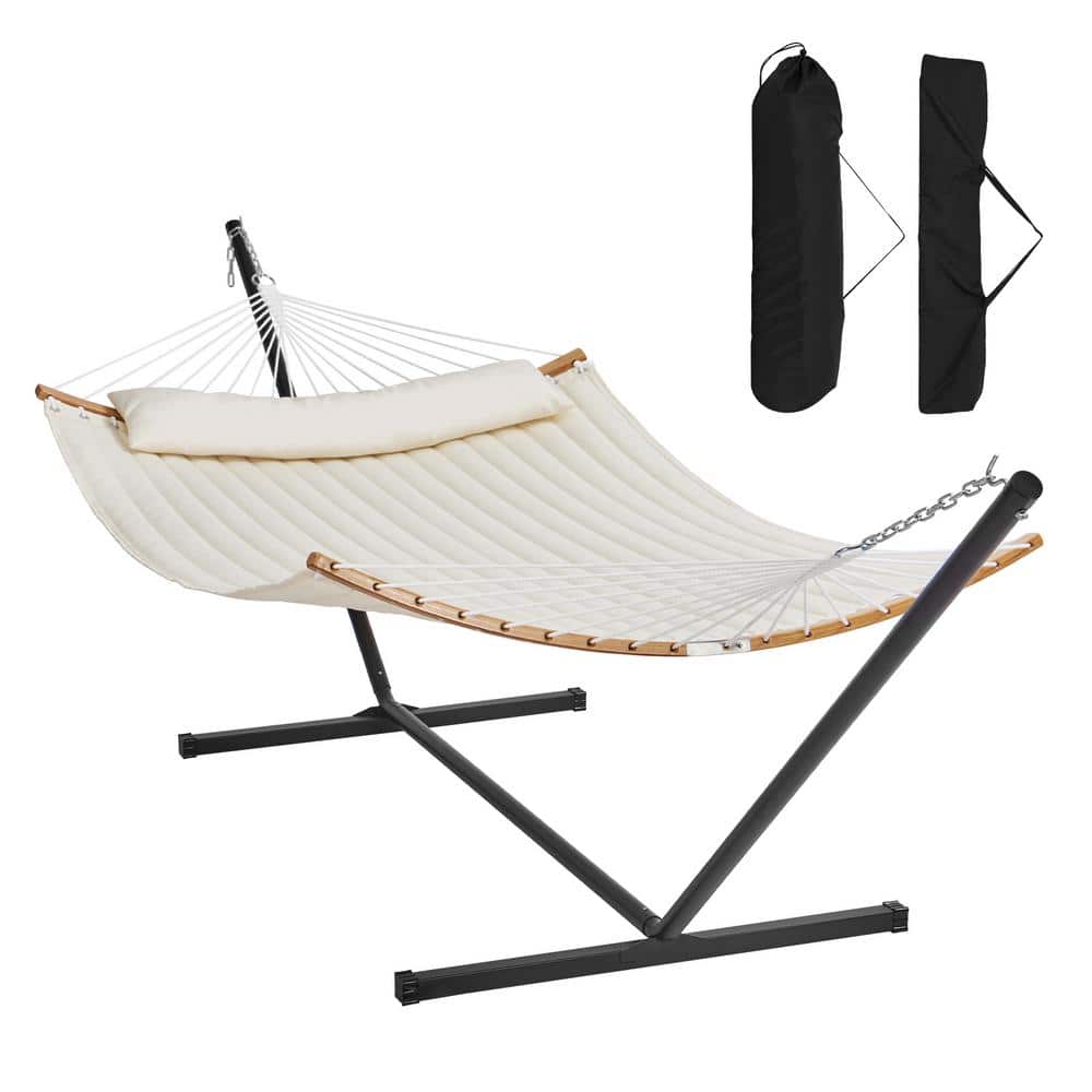 SVOPES 2-Person Hammock with Stand Double Hammock with Curved Spreader Bar Pillow Carrying Bag Outdoor 480 lbs. Capacity HFDCMBSCSTXHSCU1GV0-1018