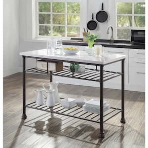 Gray Wooden Kitchen Island with 2 Metal Slatted Shelves