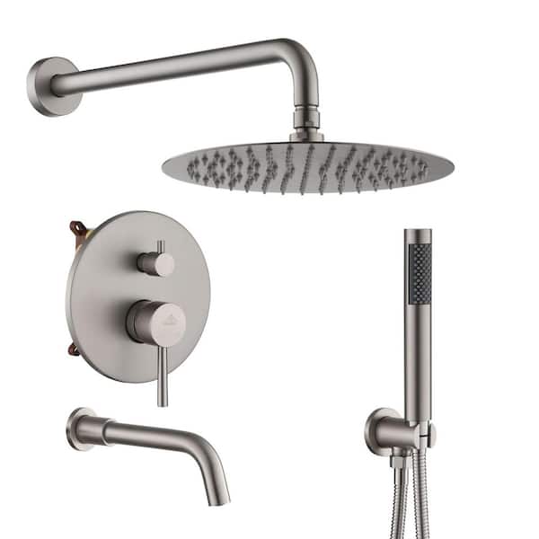3-Spray Patterns Round 10 in. Wall Mount Dual Shower Heads with Handheld and Tub Faucet 2.5 GPM in Brushed Nickel