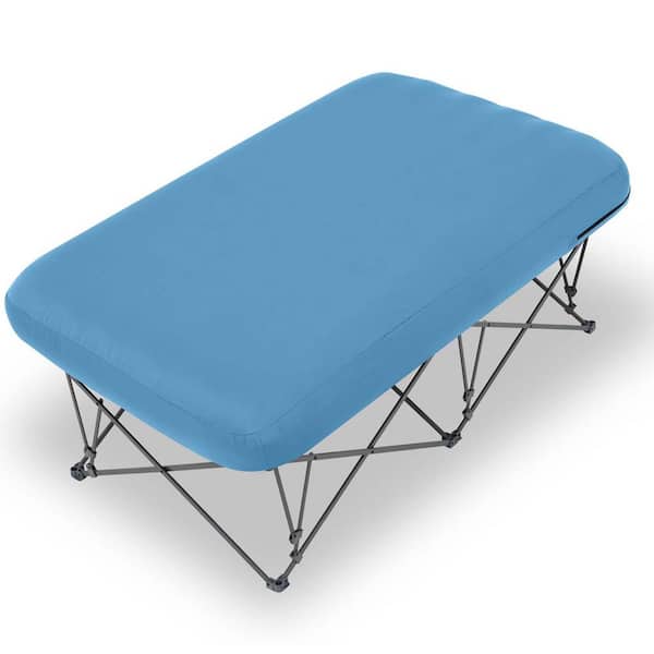 Blue Collapsible Camping Cot Bed Set with Inflatable Air Mattress and Carry Bag for Outdoor Travel Camp Beach