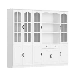 White Wood 94.5 in. W Sideboard Buffet Hutch Cabinet Food Pantry with Drawers, Glass Door Cabinets, Adjustable Shelves