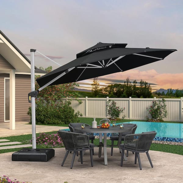 PURPLE LEAF 11 ft. Octagon High-Quality Aluminum Cantilever Outdoor Patio Umbrella with Base, Black