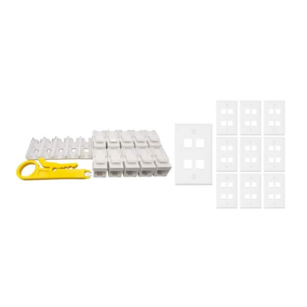10-Pack 1-Gang White Keystone Plastic Wall Plates 4-Port and 10 Cat 6A RJ45 Keystone Jacks White