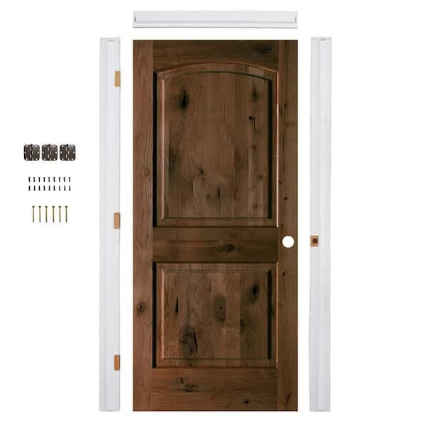 24in. x 80in. Arch Top Knotty Wood Provincial Stain Left-Hand Assembly Required Interior Door Kit w/QuickAssemble Jamb