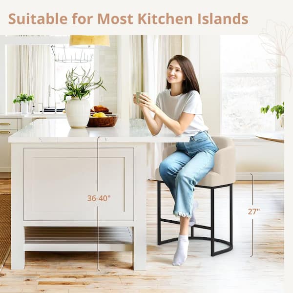 35.2 in. Modern Linen Fabric Upholstered Barrel Counter Stool with Black Metal Frame Counter Height Bar Stool Set of 4