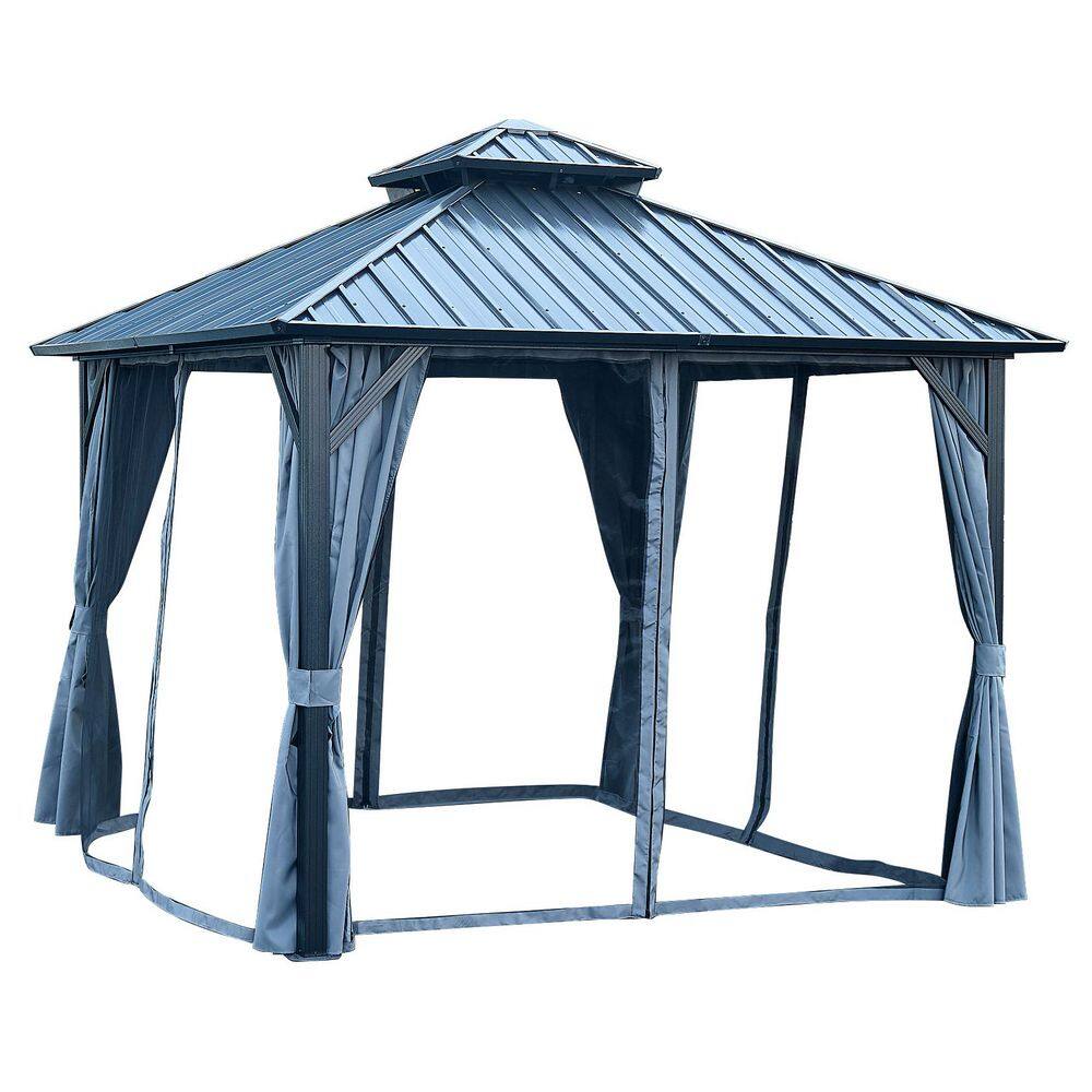 12 ft. x 12 ft. Gray Hardtop Gazebo with Galvanized Steel Double Roof, Curtains, and Netting for Patio, Lawn, and Garden price history on PriceWatchPro