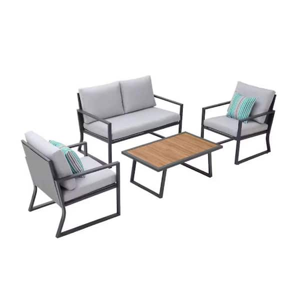 Sudzendf Black 4-Piece Metal Outdoor Patio Conversation Set Group with Light Gray Cushions