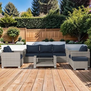 Gray and White Twin Rattan 7-Piece Wicker Outdoor Sectional Conversation Set with Dark Blue Cushion