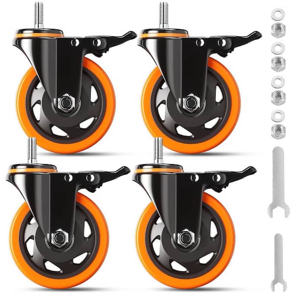 4-Pack Orange 4 in. Swivel Caster Wheels Dual Locking Heavy Duty Polyurethane Cart Wheel Load Capacity 2000 lbs.