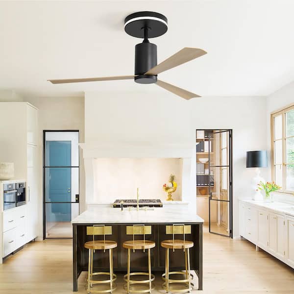 52 in. Brown Modern Flush Mount Ceiling Fan w/ Led Light and Remote Control, 3 ABS Blades Noiseless Reversible DC Motor