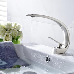 Modern 1-Handle Single-Hole Faucet Bathroom Sink Faucet, Brass Mount Curved Lavatory Faucet in Brushed Nickel