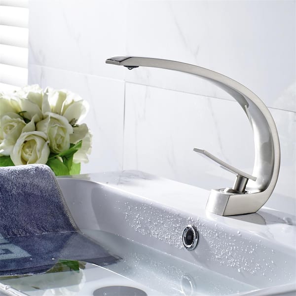 Modern 1-Handle Single-Hole Faucet Bathroom Sink Faucet, Brass Mount Curved Lavatory Faucet in Brushed Nickel