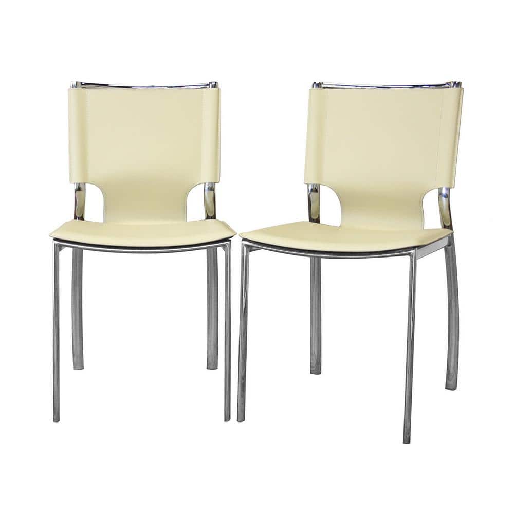 Ivory Leather and Chrome Modern Dining Chairs, Set of 2