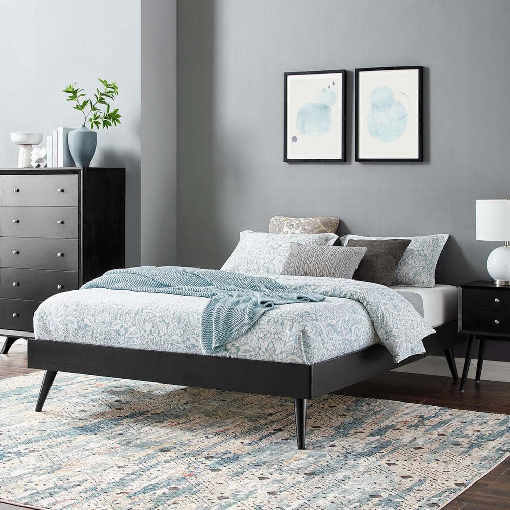 Margo Black Full Wood Platform Bed Frame with Upholstered Headboard