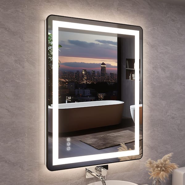 32 in. W x 24 in. H Seamless Rounded Framed Wall Bathroom LED Vanity Mirror in Matte Black