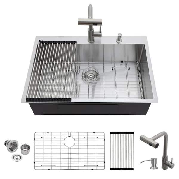 33 in. Drop-In Single Bowl 16-Gauge Stainless Steel Kitchen Sink in Brush with Put Out Faucet and Bottom Grid