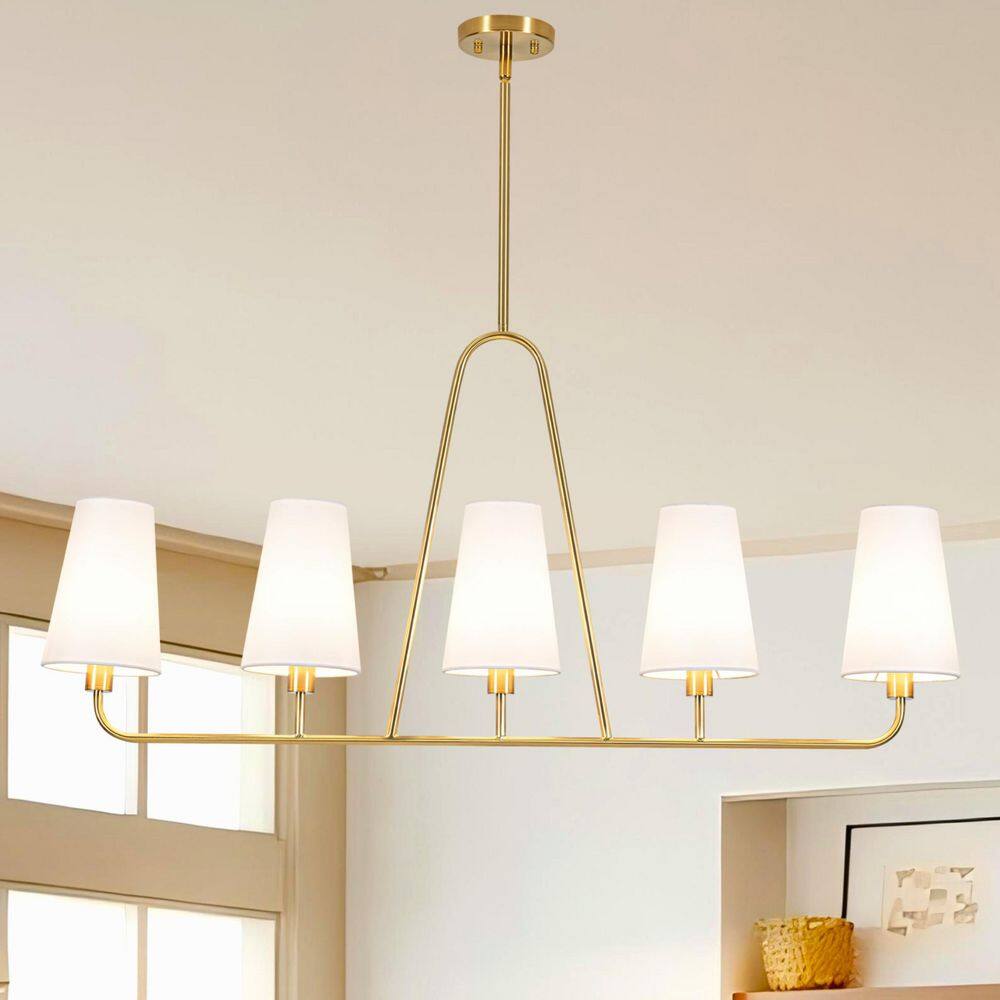 Corra 42.9 in. 5-Light Brass Boho Linear Chandelier with White Cone Fabric Shades price history on PriceWatchPro