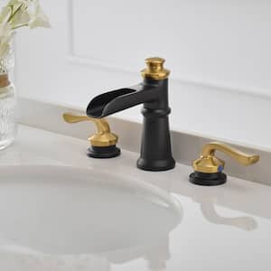 8 in. Waterfall Widespread 2-Handle 3 Holes Bathroom Faucet With Metal Drain in Spot Resist Black Gold