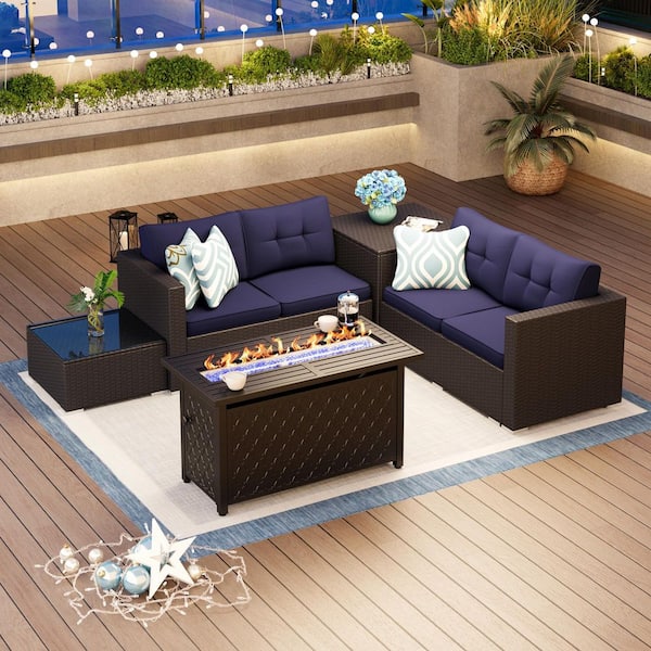 PHI VILLA Black Rattan Wicker 4 Seat 5-Piece Steel Outdoor Fire Pit Patio Set with Blue Cushions and Rectangular Fire Pit Table