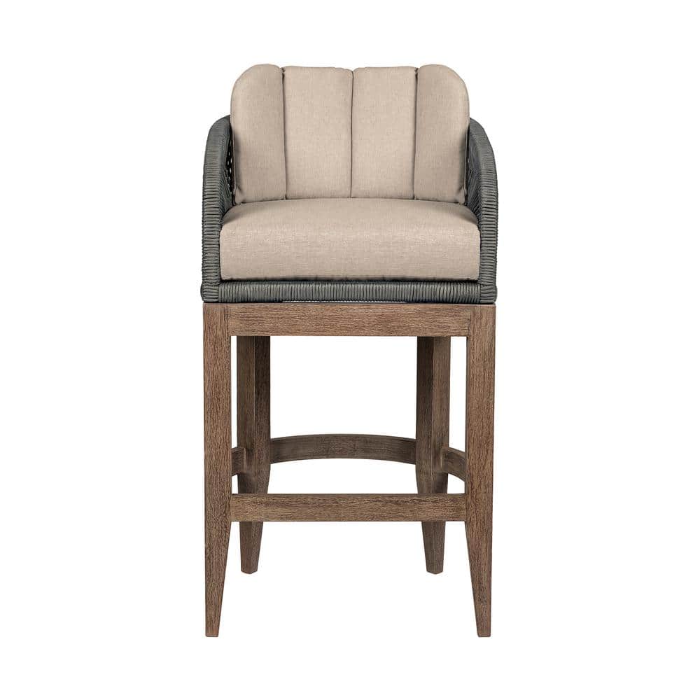 26" Weathered Eucalyptus Outdoor Counter Stool with Gray Rope and Taupe Cushions