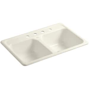 Delafield Drop-In Cast Iron 33 in. 4-Hole Double Bowl Kitchen Sink in Biscuit
