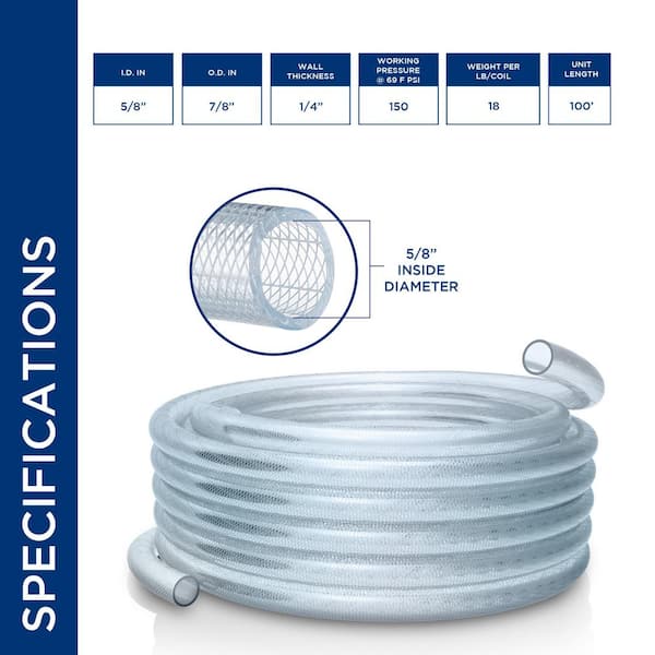 5/8 in. I.D. x 100 ft. Clear Braided High Pressure, Heavy Duty Reinforced PVC Vinyl Tubing for All Applications