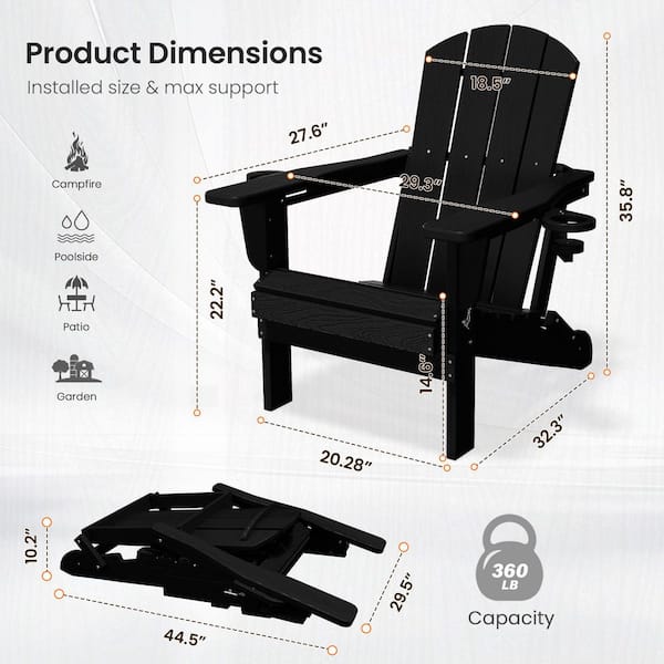 JEAREY Classic Black Folding Plastic Adirondack Chairs with 2-Cup
