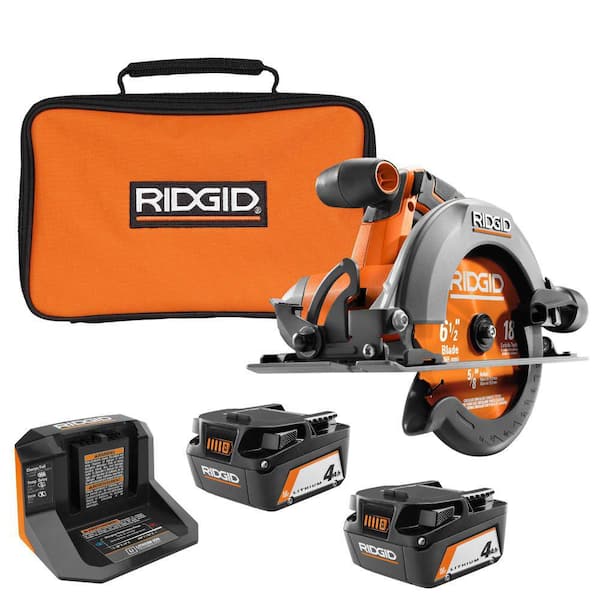 RIDGID 18V Cordless 6-1/2 in. Circular Saw with (2) 4.0 Ah Batteries, 18V Charger, and Bag