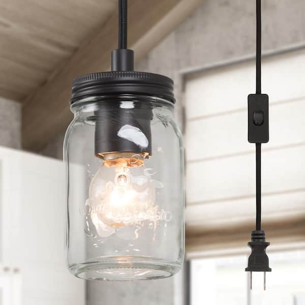LNC 1-Light Oil-Rubbed Brown Industrial Farmhouse Plug-in Pendant Light with Mason Jar Glass Shade modern Hanging Light