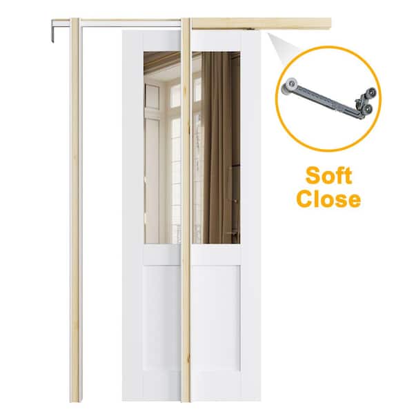 ARK DESIGN 30 in. x 80 in. 1/2 Lite Mirrored Glass White Primed Solid Core Glass Pocket Door Frame and Hardware (Soft Close Incl)