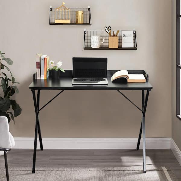 Homy Casa Ava 39.4 in. Rectangular Matte Black MDF Top Wring Computer Desk with Side Panel Table Top
