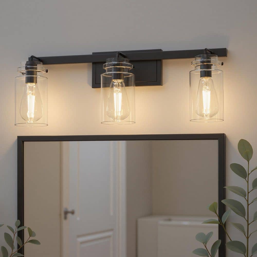 23.6 in. 3 Light Matte Black Vanity Light with Clear Glass Shades and E26 Medium Base for Bathroom price history on PriceWatchPro