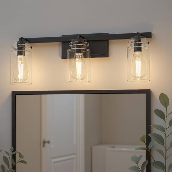 23.6 in. 3 Light Matte Black Vanity Light with Clear Glass Shades and E26 Medium Base for Bathroom