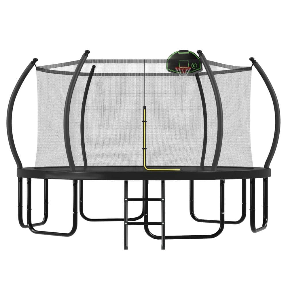 16 ft. Round Outdoor Black Trampoline with Basketball Hoop,Enclosure Net,Curved Poles and Ladder