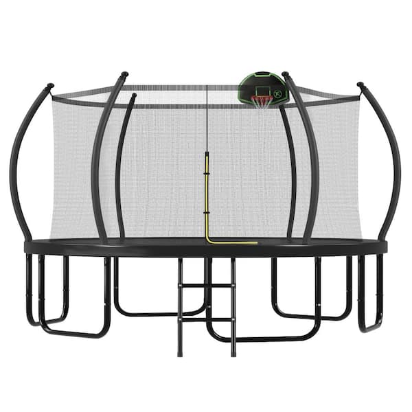 Black Metal Outdoor Round 16FT Trampoline with Basketball Hoop, Enclosure Net & Curved Poles & Ladder