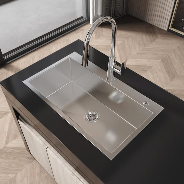 32"x19" Brushed Nickel Overmount Handmade Sink, Single Bowl Stainless Steel with Drain