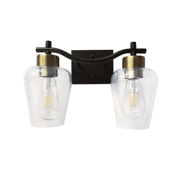 14.17 in. 2-Light Black Vanity Light with Seeded Glass Shade