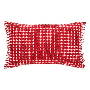 Gallen Red White 14 in. x 22 in. Cross Stitch Fringed Pillow