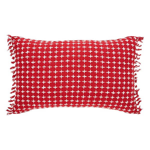 VHC BRANDS Gallen Red White 14 in. x 22 in. Cross Stitch Fringed Pillow