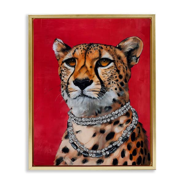 Stupell Industries Leopard Royalty with Necklace by Svetlana Aleynikova Gold Floater Frame Animal Graphic Art Print 31 in. x 25 in.