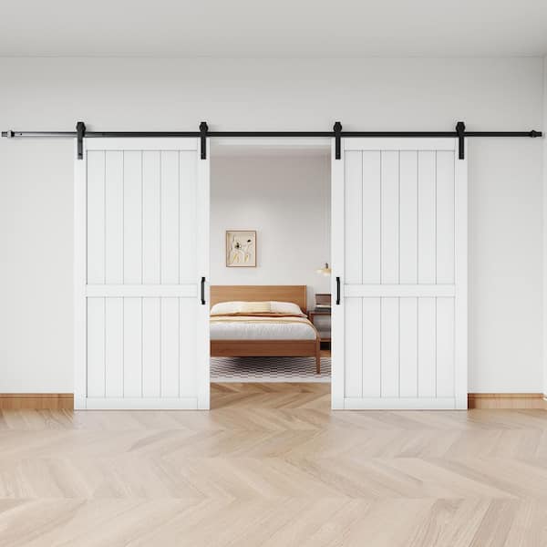 84 in. x 84 in. White Paneled H Style White Primed MDF Sliding Barn Door with Hardware Kit and Soft Close