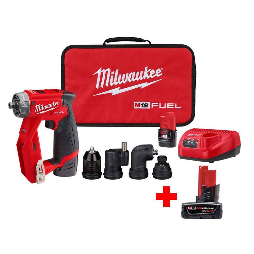 Milwaukee M12 Fuel 12 Volt Lithium Ion Brushless Cordless 4 In 1 Interchangeable 3 8 In Drill Driver Kit With 6 0 Ah Battery 2505 22 48 11 2460 The Home Depot