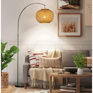 77 in. Black 1-Light Arc Floor Lamp with Hand-Woven Bamboo Shade and Marble Base