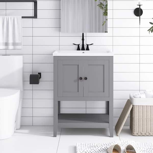 JimsMaison 24 in. W x 18. in D. x 34 in. H Bath Vanity in Gray with White Ceramic Top