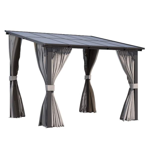 10 ft. x 8 ft. Outdoor Hard Top Gazebo for Patio, Small Wall-Mounted Lean to Pergola with Curtains and Netting