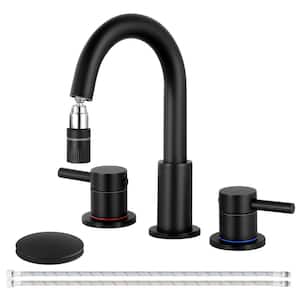 Double Handles 8 in. Widespread Bathroom Sink Faucet 3-Hole with Pull Out Sprayer with Pop-Up Drain in Matte Black