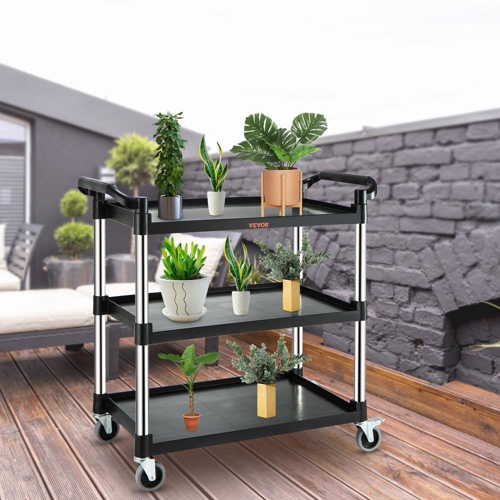 Black 3-Tier Utility Service Cart with Metal Wheels