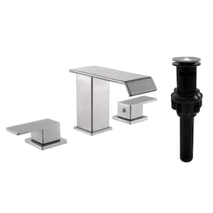 Modern 8 in. Widespread Low Arc Bathroom Faucet with Drain Assembly in Brushed Nickel