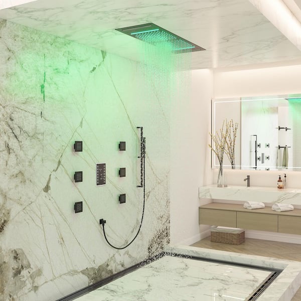 6-Spray Ceiling Mount Handheld Shower Head LED and Music Shower Systems 2.5 GPM in Matte Black